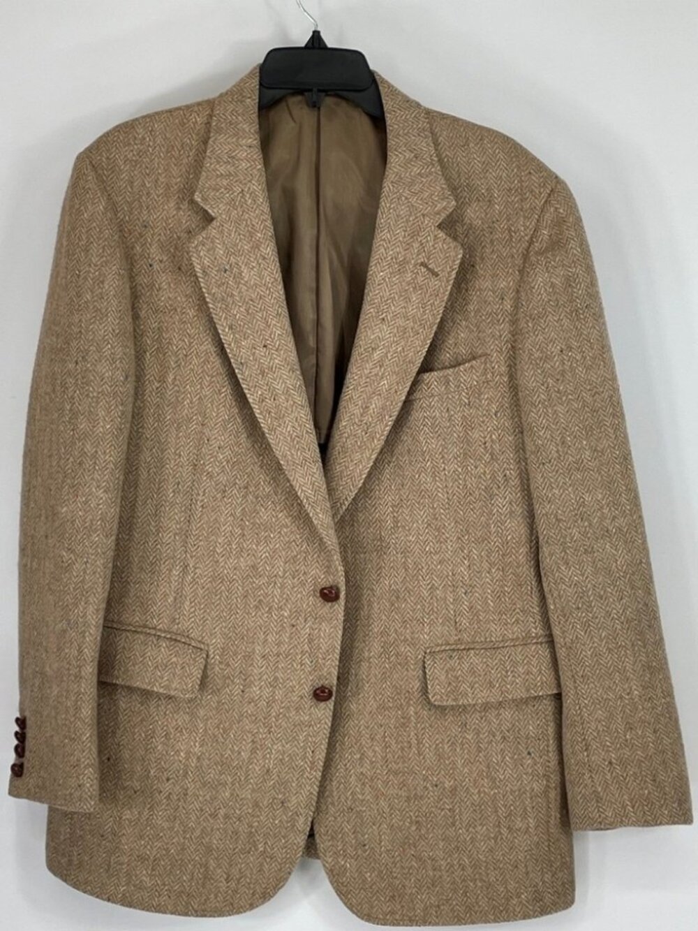 Haris Tweed Men Cricket Club Blazer 44R Tan Herringbone Scottish Wool Made USA